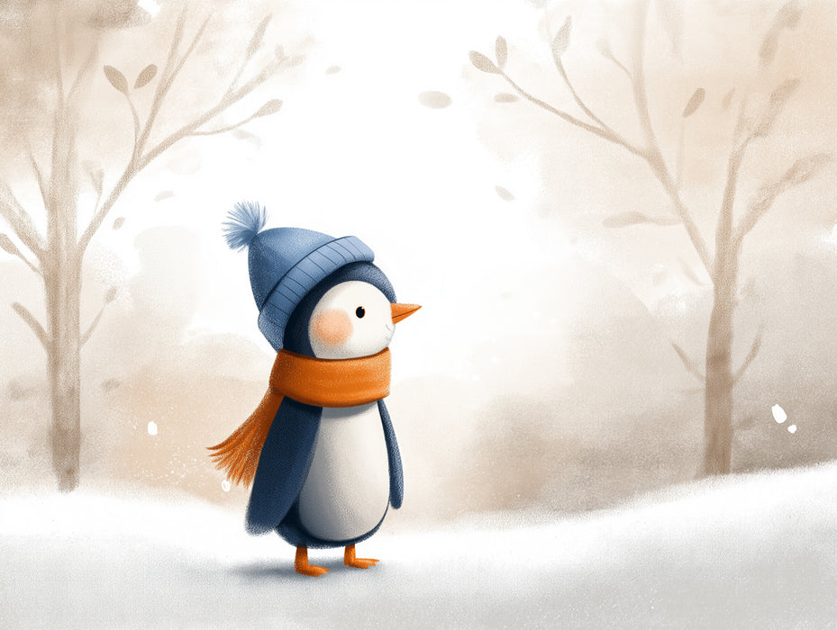 Cute Winter Penguin Mural Wallpaper | Soft Snowy Forest