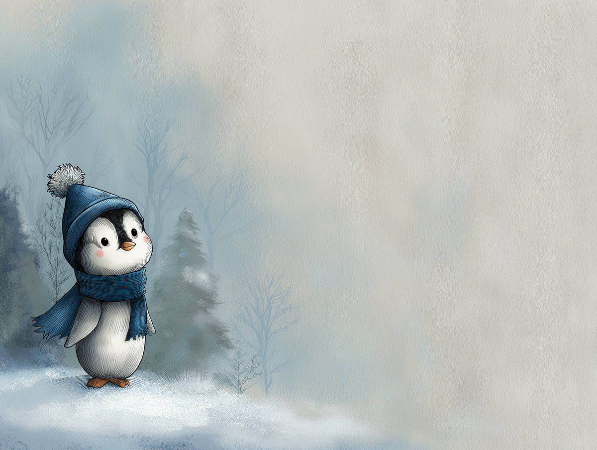 Whimsical Penguin Landscape Mural Wallpaper | Blue Winter Mist