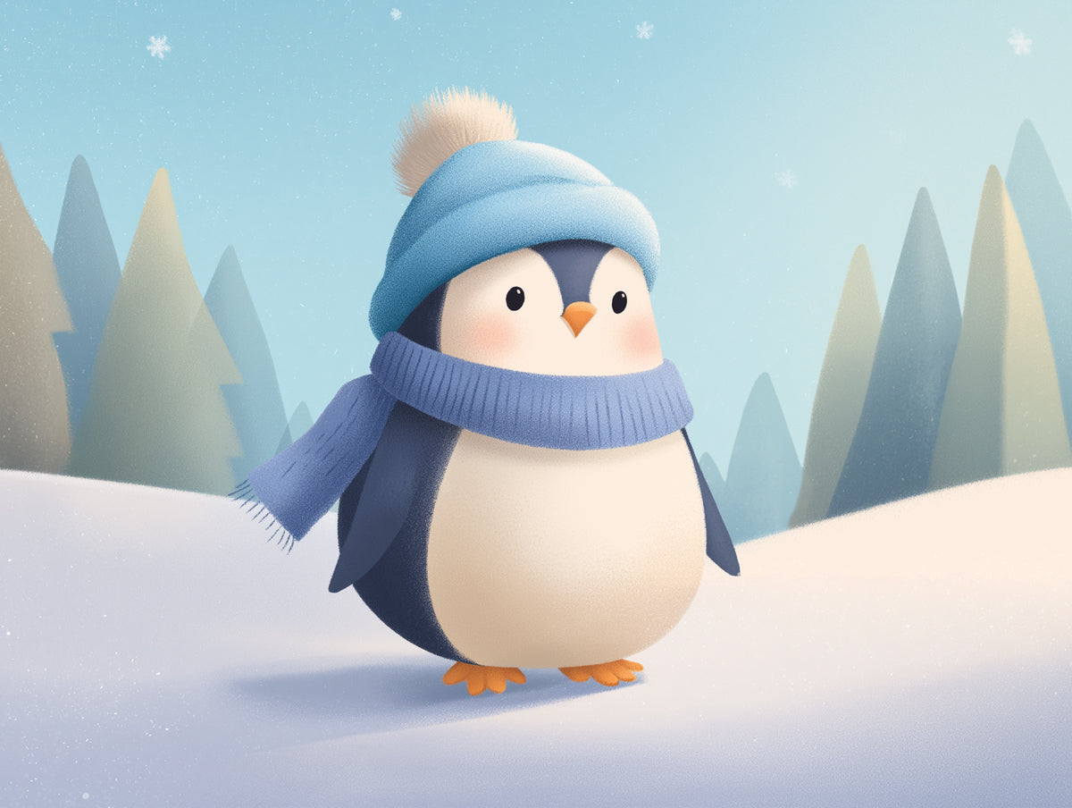 Adorable Penguin Character Mural Wallpaper | Stylized Winter Scene