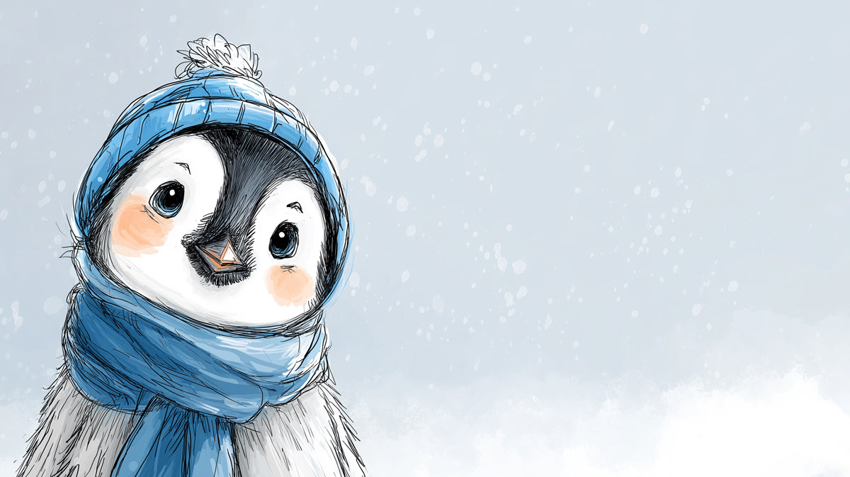 Happy Penguin Portrait Mural Wallpaper | Sketch Style Winter
