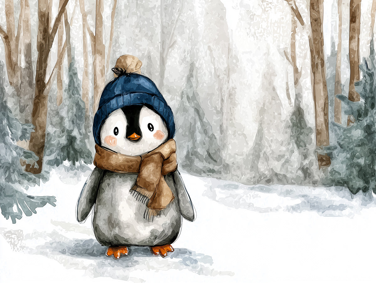 Watercolor Penguin Forest Mural Wallpaper | Classic Holiday Art