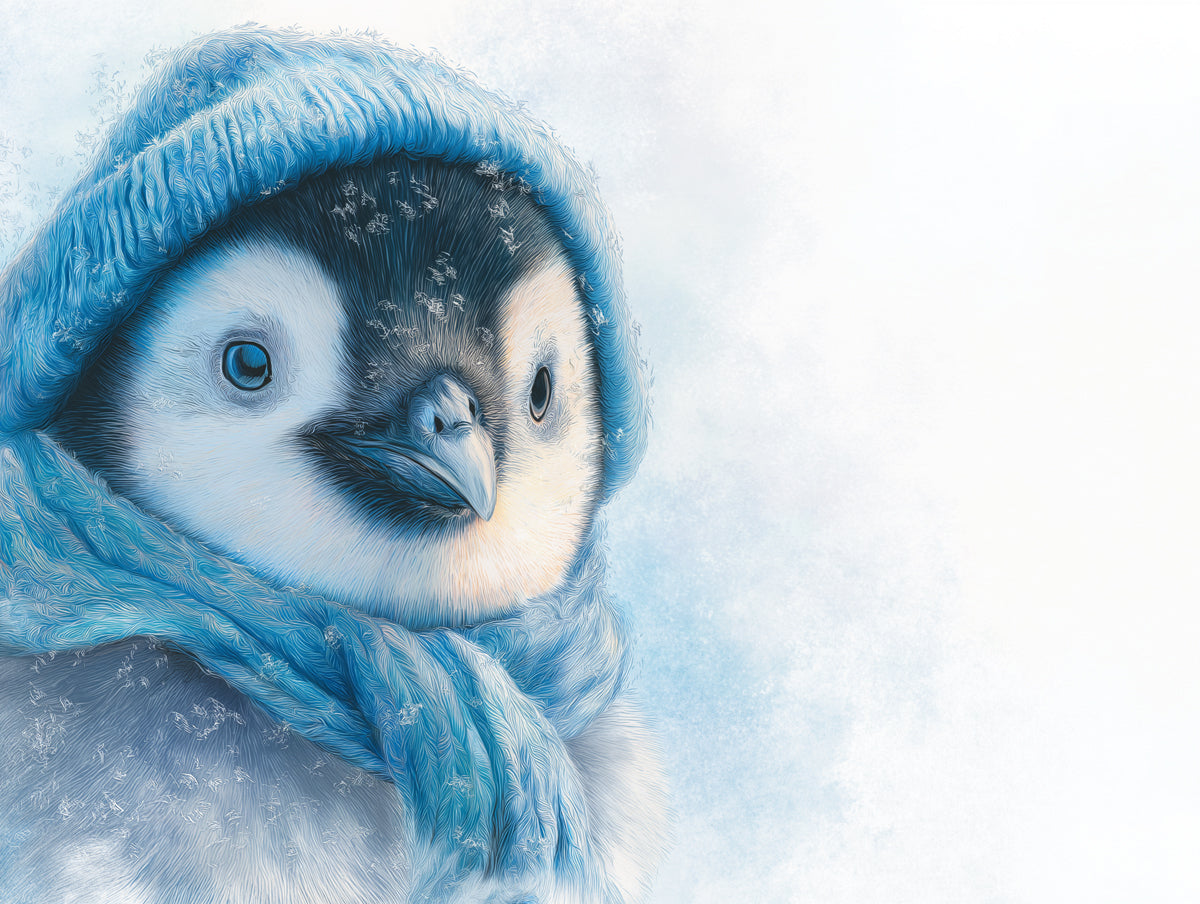 Hyper-Realistic Baby Penguin Mural Wallpaper | Blue Knit Detail