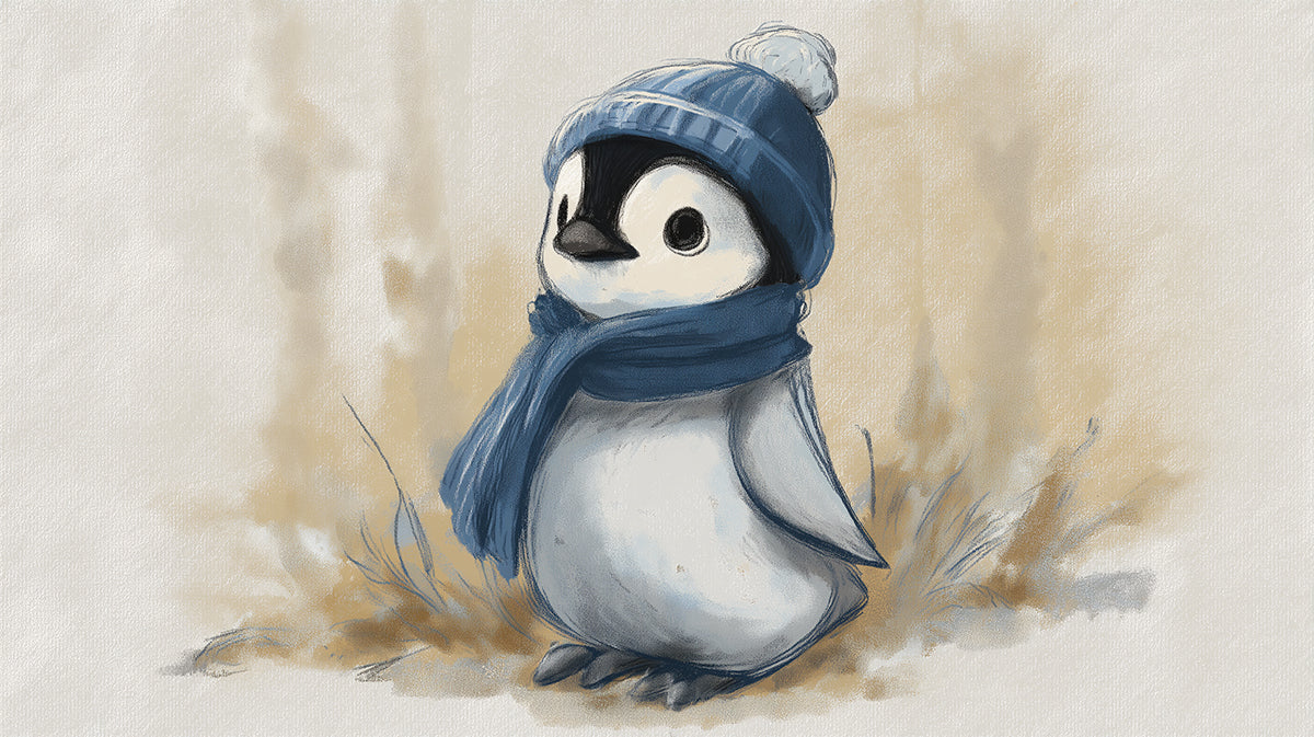 Watercolor Baby Penguin Mural Wallpaper | Soft Earthy Tones