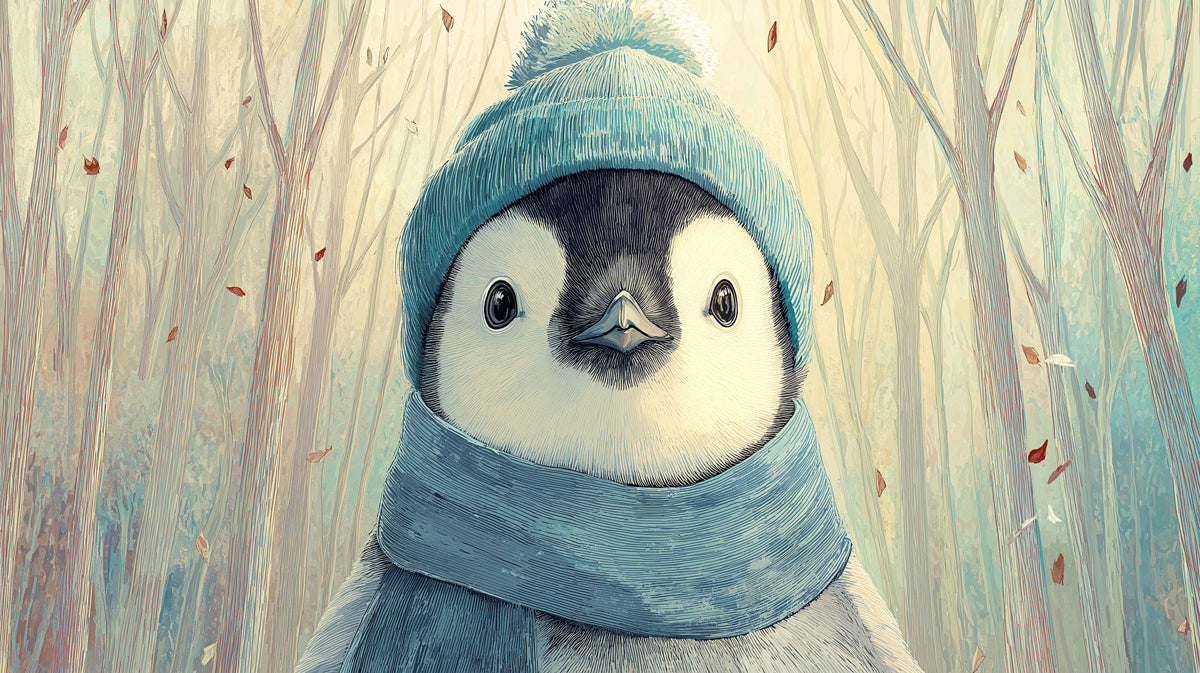 Close-Up Winter Penguin Mural Wallpaper | Soft Pastel Forest