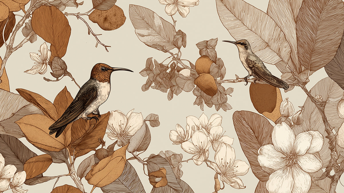 Vintage Sepia Hummingbird Mural Wallpaper | Botanical Illustration