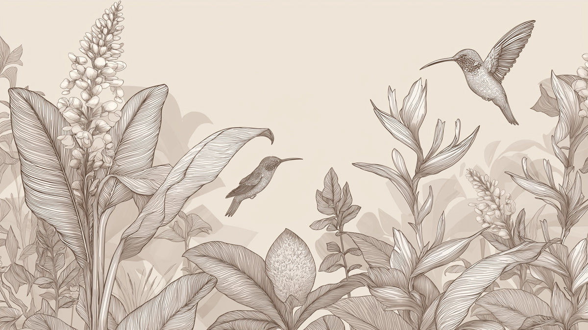 Elegant Beige Botanical Mural Wallpaper | Hummingbird Line Art