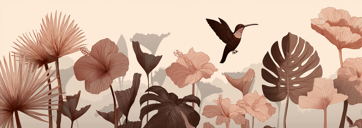 Sepia Tropical Garden Mural Wallpaper | Vintage Hummingbird Art