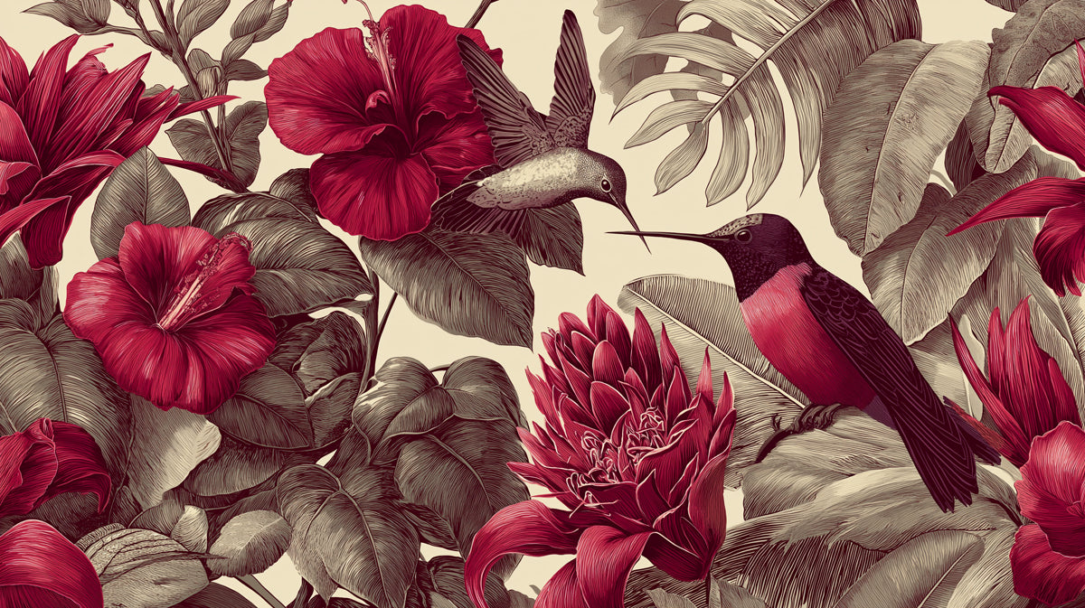 Dramatic Red Hibiscus Mural Wallpaper | Vintage Floral Hummingbird