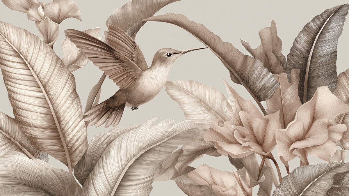 Soft Sepia Hummingbird Mural Wallpaper | Realistic Botanical Art