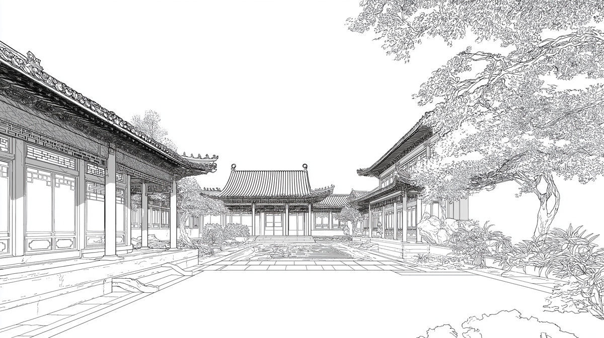 Traditional Chinese Courtyard Mural Wallpaper | Architectural Line Art