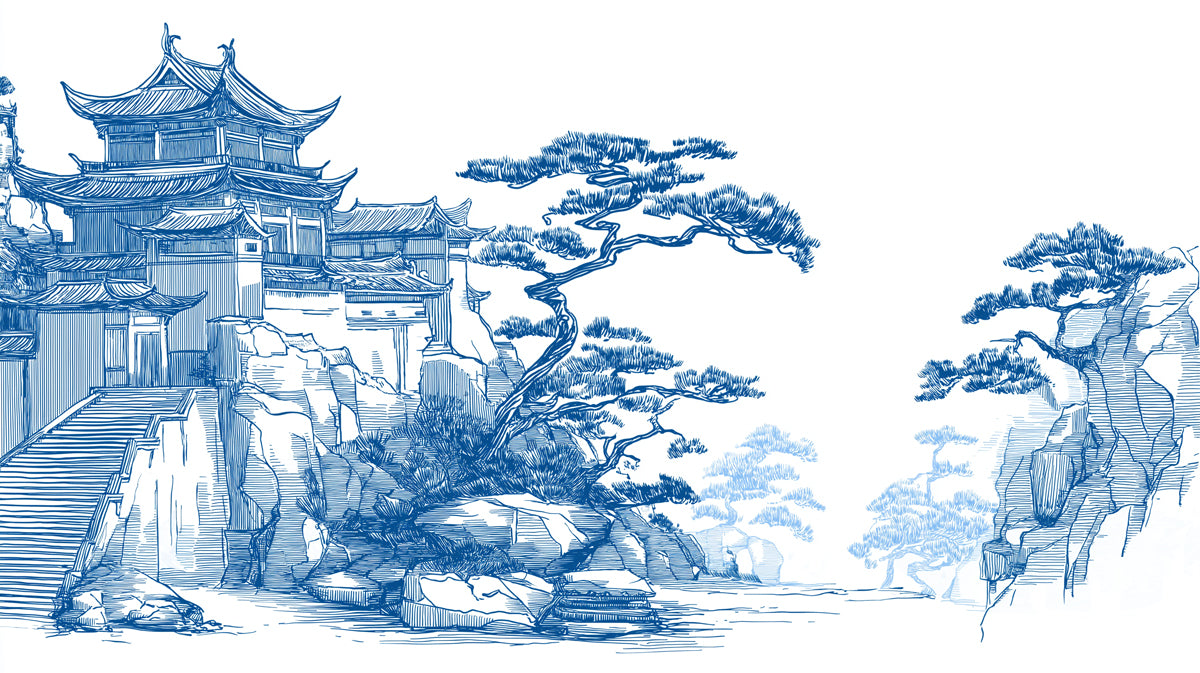 Blue Ink Landscape Mural Wallpaper | Chinese Temple & Pines