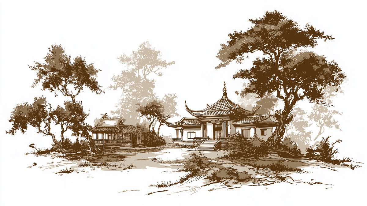 Sepia Pavilion Landscape Mural Wallpaper | Vintage Asian Art