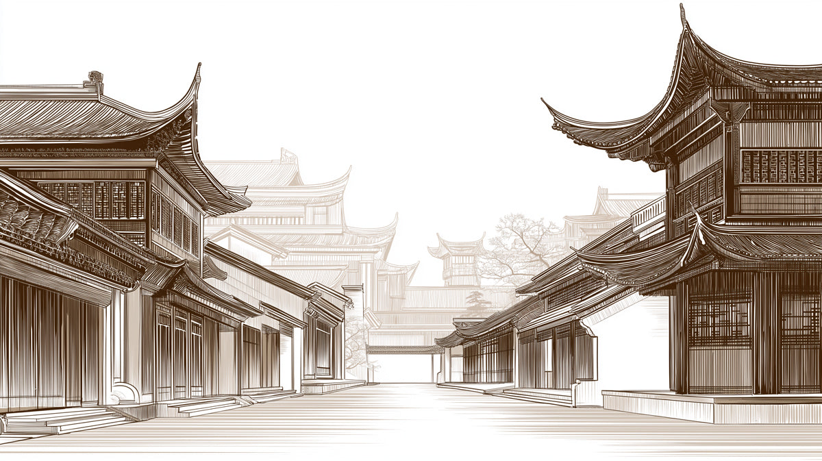 Historic Chinese Street Mural Wallpaper | Sepia Architectural View
