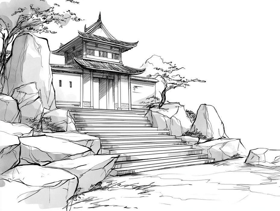 Ink Wash Temple Gate Mural Wallpaper | Traditional Rock Landscape