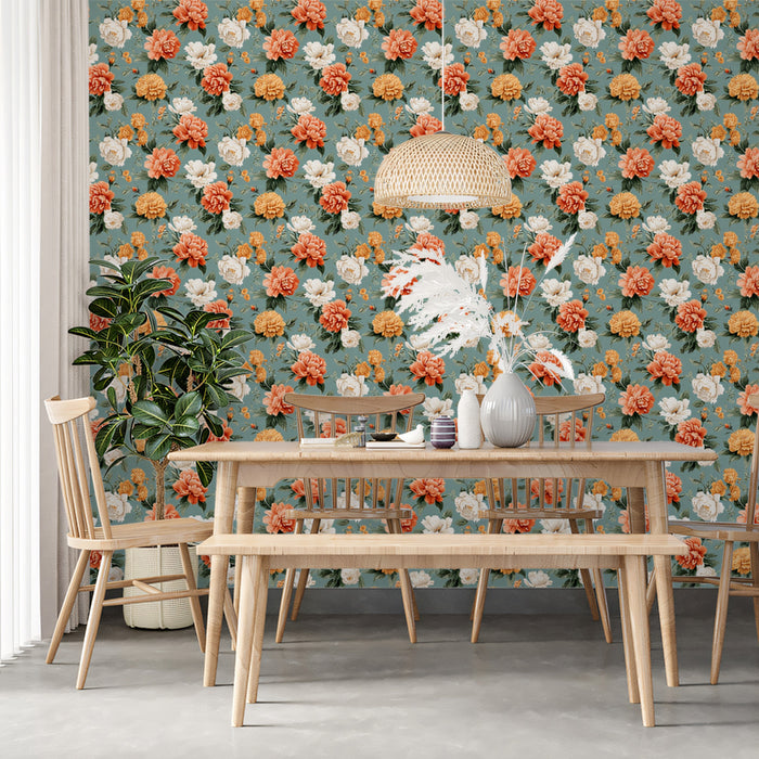 Vintage Dainty Peony Floral Pattern Mural Wallpaper | Sage Green Romantic Shabby Chic