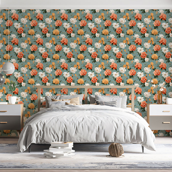 Vintage Dainty Peony Floral Pattern Mural Wallpaper | Sage Green Romantic Shabby Chic