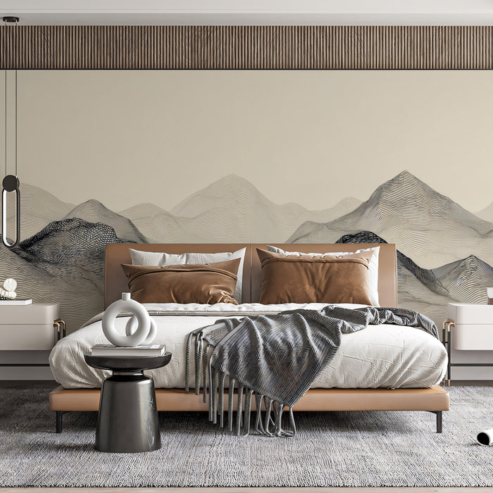 Minimalist Topographic Mountain Line Art Mural Wallpaper | Contemporary Monochrome Zen
