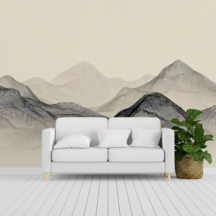 Minimalist Topographic Mountain Line Art Mural Wallpaper | Contemporary Monochrome Zen