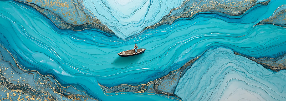 Serene Teal Fluid Alcohol Ink Boat Mural Wallpaper | Turquoise Gold Veined Abstract