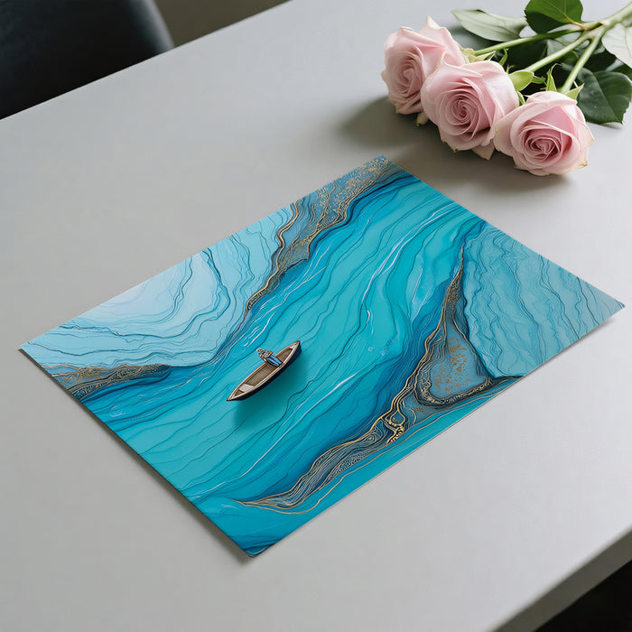 Serene Teal Fluid Alcohol Ink Boat Mural Wallpaper | Turquoise Gold Veined Abstract