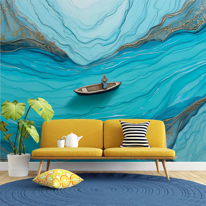 Serene Teal Fluid Alcohol Ink Boat Mural Wallpaper | Turquoise Gold Veined Abstract