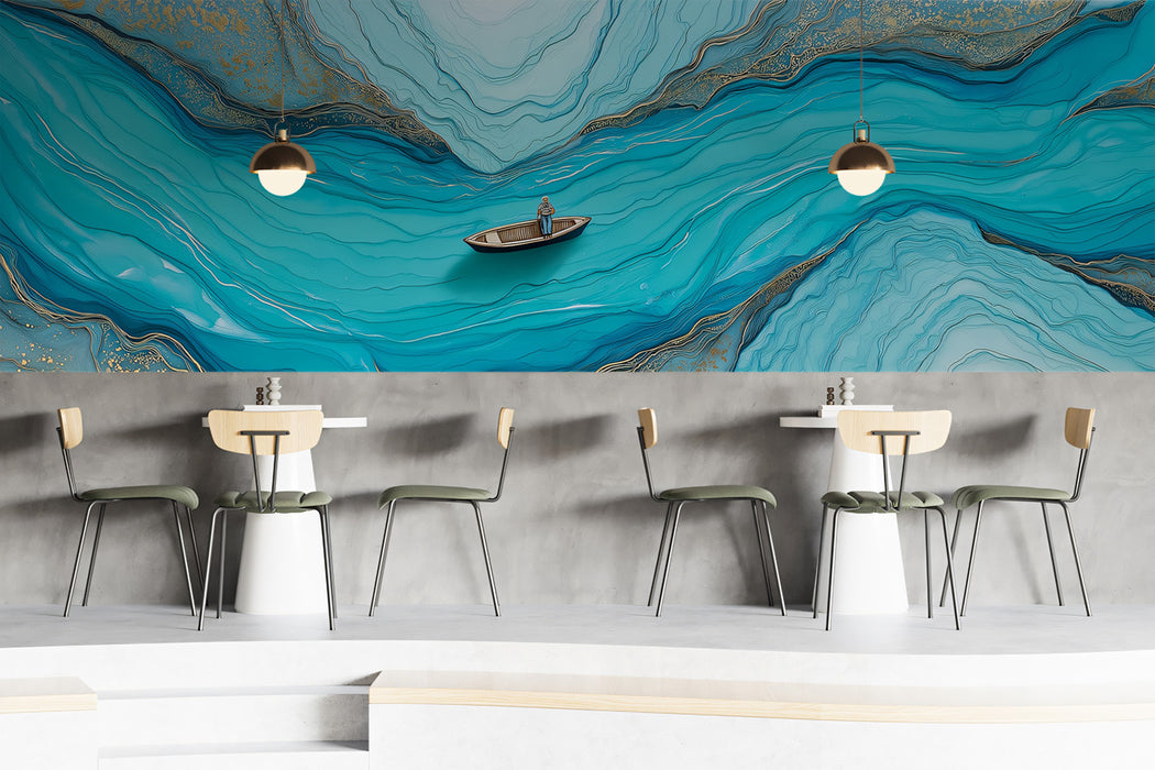 Serene Teal Fluid Alcohol Ink Boat Mural Wallpaper | Turquoise Gold Veined Abstract