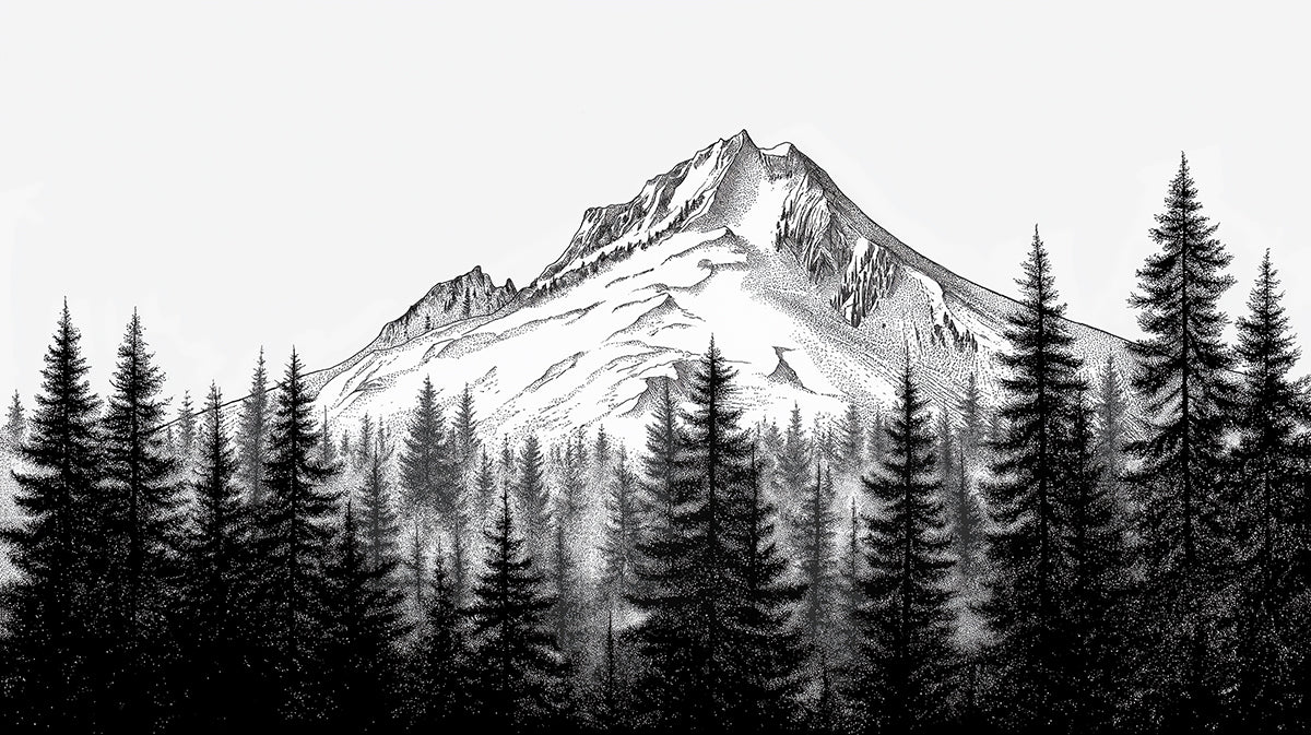 Majestic Mountain & Pine Forest Pen Sketch Mural Wallpaper | High Contrast Stippling Landscape