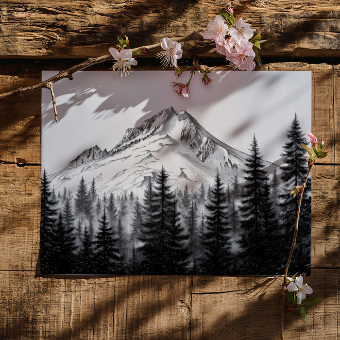 Majestic Mountain & Pine Forest Pen Sketch Mural Wallpaper | High Contrast Stippling Landscape