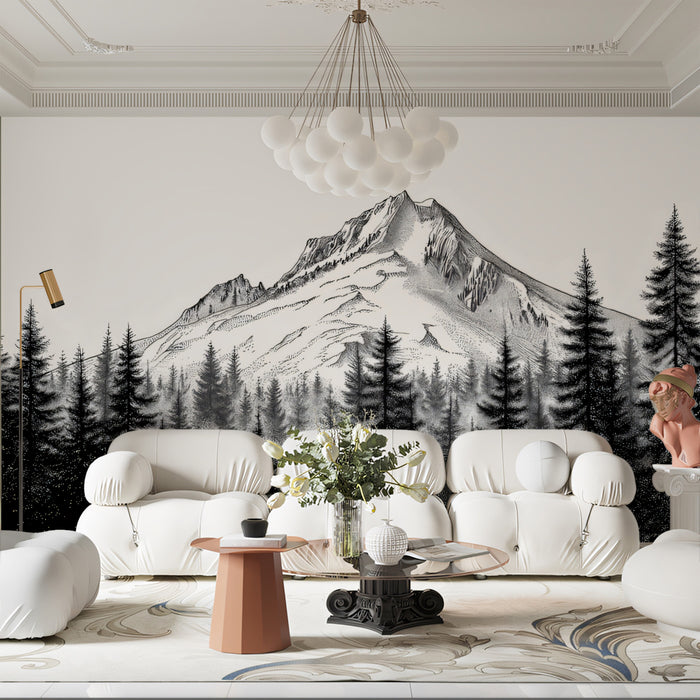 Majestic Mountain & Pine Forest Pen Sketch Mural Wallpaper | High Contrast Stippling Landscape