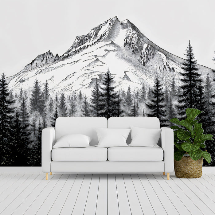 Majestic Mountain & Pine Forest Pen Sketch Mural Wallpaper | High Contrast Stippling Landscape