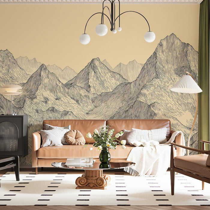 Textured Sepia Mountain Range Line Art Mural Wallpaper | Warm Beige Topographic Waves