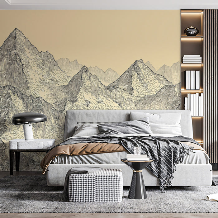 Textured Sepia Mountain Range Line Art Mural Wallpaper | Warm Beige Topographic Waves