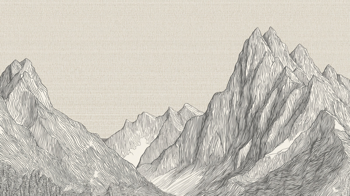 Fine Line Mountain Peak Linen Texture Mural Wallpaper | Neutral Grey Contemporary Etching