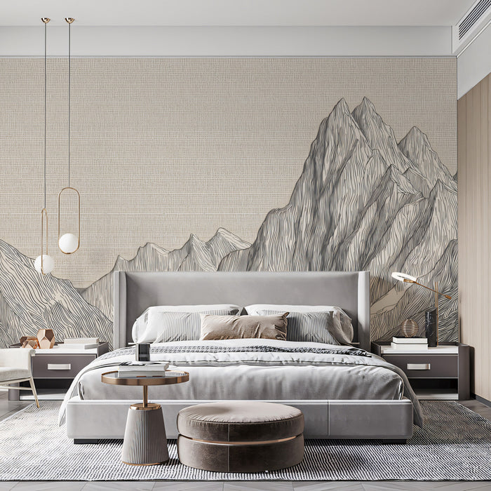 Fine Line Mountain Peak Linen Texture Mural Wallpaper | Neutral Grey Contemporary Etching