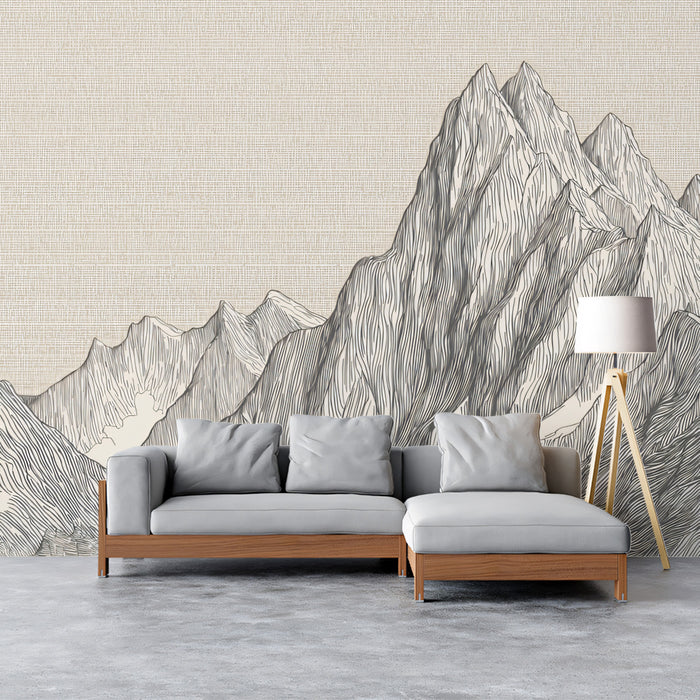 Fine Line Mountain Peak Linen Texture Mural Wallpaper | Neutral Grey Contemporary Etching
