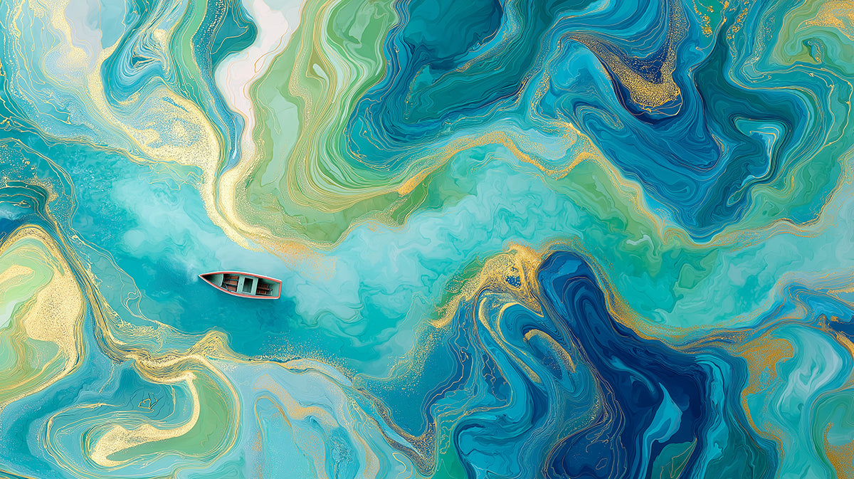 Vibrant Emerald Green Marbled Fluid Boat Mural Wallpaper | Lime Turquoise Glittering River