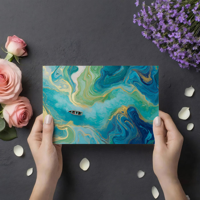 Vibrant Emerald Green Marbled Fluid Boat Mural Wallpaper | Lime Turquoise Glittering River