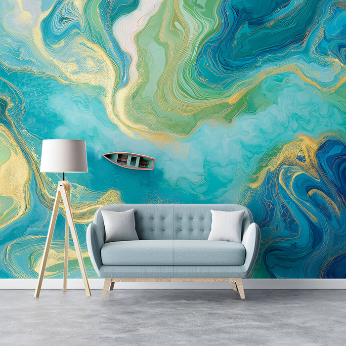 Vibrant Emerald Green Marbled Fluid Boat Mural Wallpaper | Lime Turquoise Glittering River