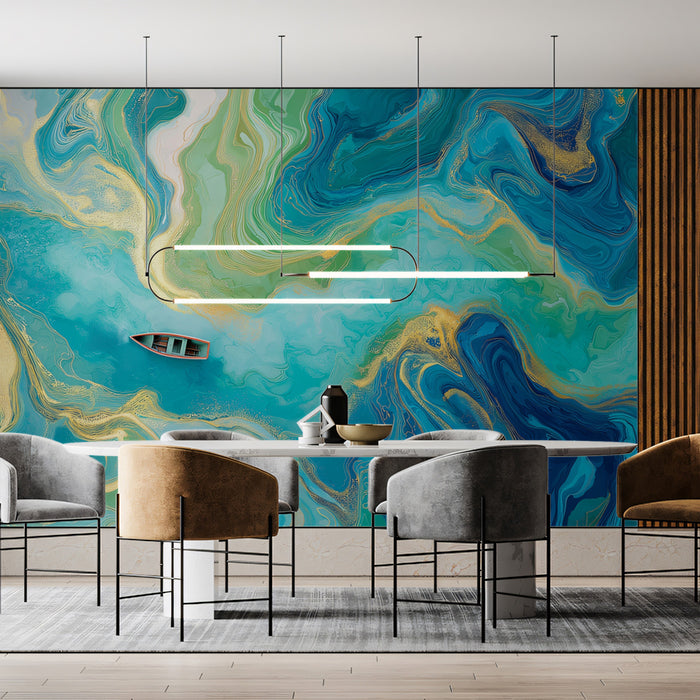 Vibrant Emerald Green Marbled Fluid Boat Mural Wallpaper | Lime Turquoise Glittering River