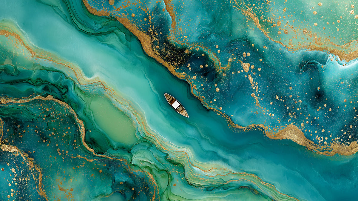 Luxury Deep Teal Gold Foil Fluid Art Mural Wallpaper | Emerald Agate Abstract Seascape