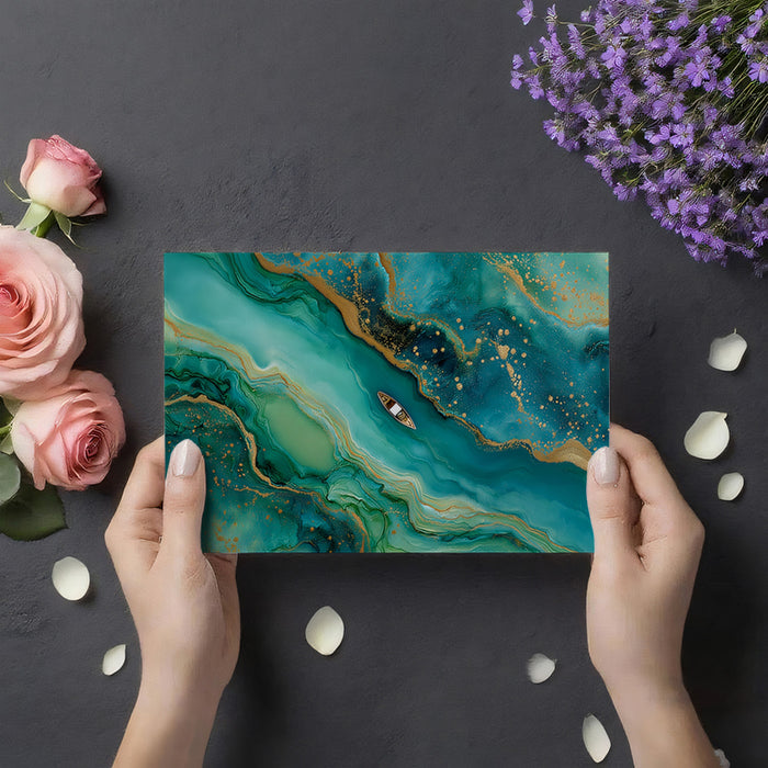 Luxury Deep Teal Gold Foil Fluid Art Mural Wallpaper | Emerald Agate Abstract Seascape