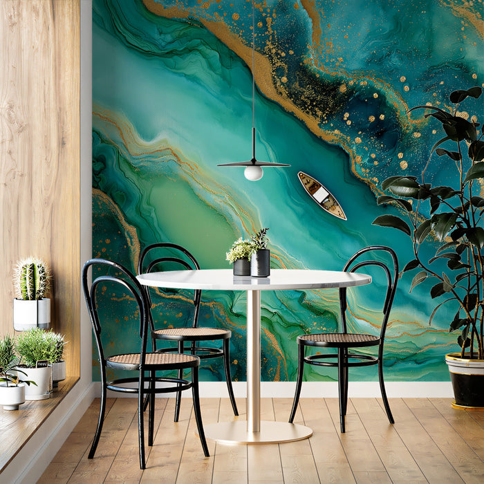 Luxury Deep Teal Gold Foil Fluid Art Mural Wallpaper | Emerald Agate Abstract Seascape