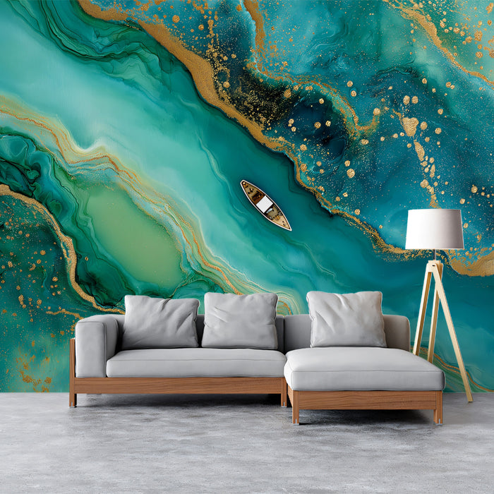 Luxury Deep Teal Gold Foil Fluid Art Mural Wallpaper | Emerald Agate Abstract Seascape