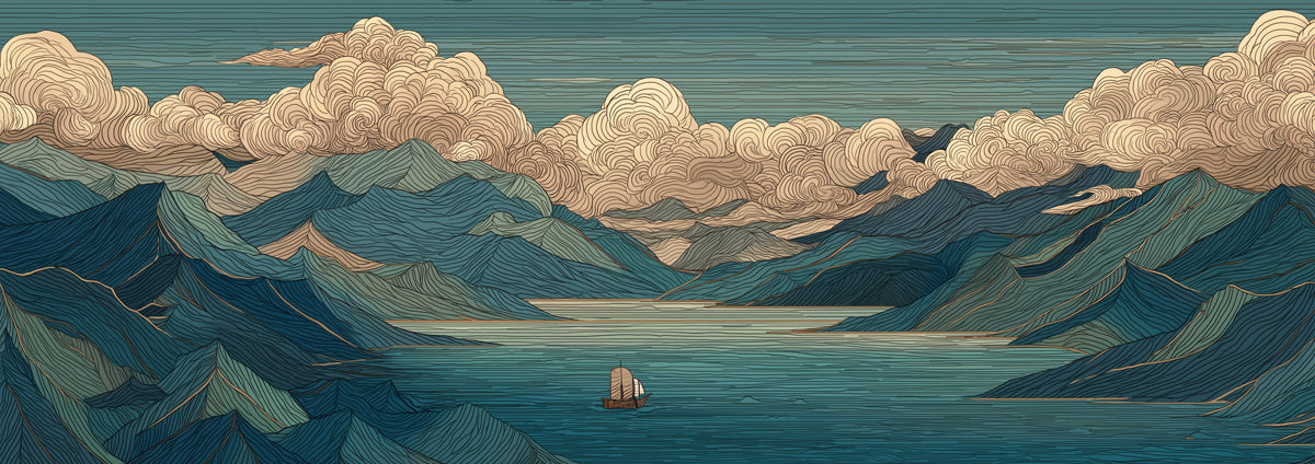 Stylized Blue Mountain & Swirling Cloud Mural Wallpaper | Japanese Woodblock Style Tranquil Lake