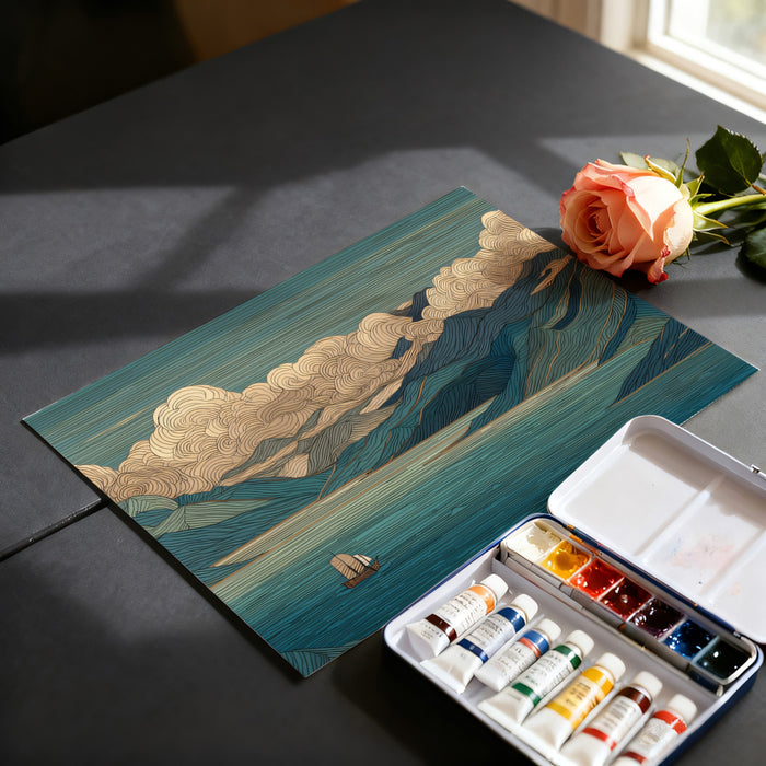 Stylized Blue Mountain & Swirling Cloud Mural Wallpaper | Japanese Woodblock Style Tranquil Lake