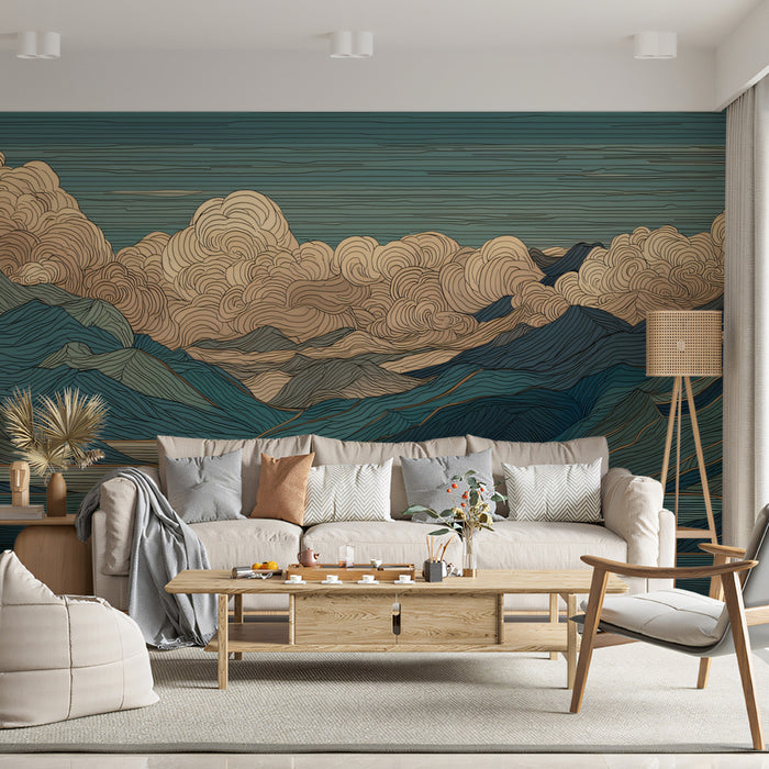 Stylized Blue Mountain & Swirling Cloud Mural Wallpaper | Japanese Woodblock Style Tranquil Lake