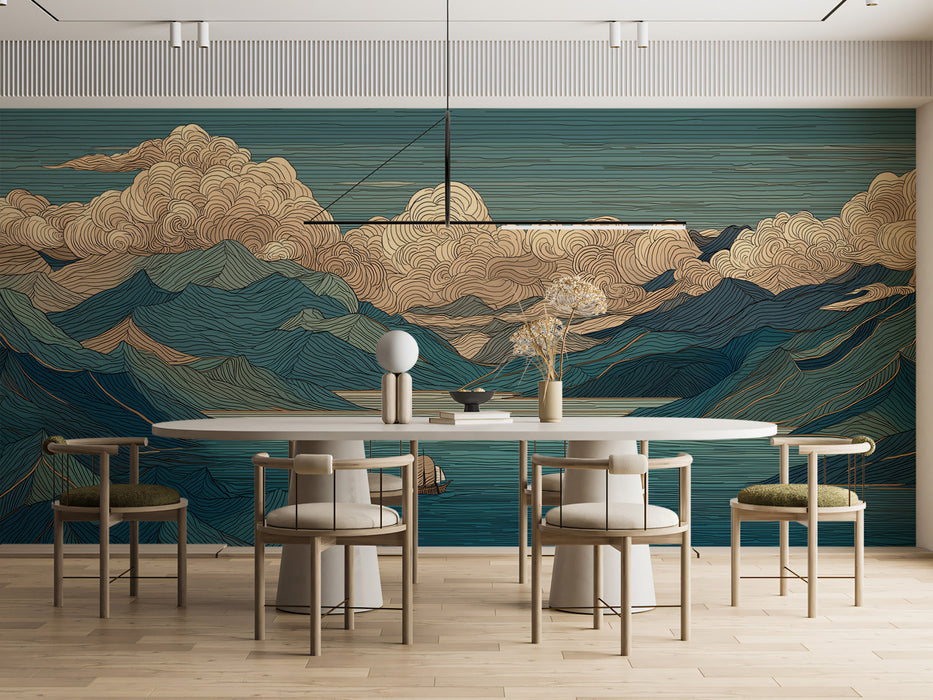 Stylized Blue Mountain & Swirling Cloud Mural Wallpaper | Japanese Woodblock Style Tranquil Lake