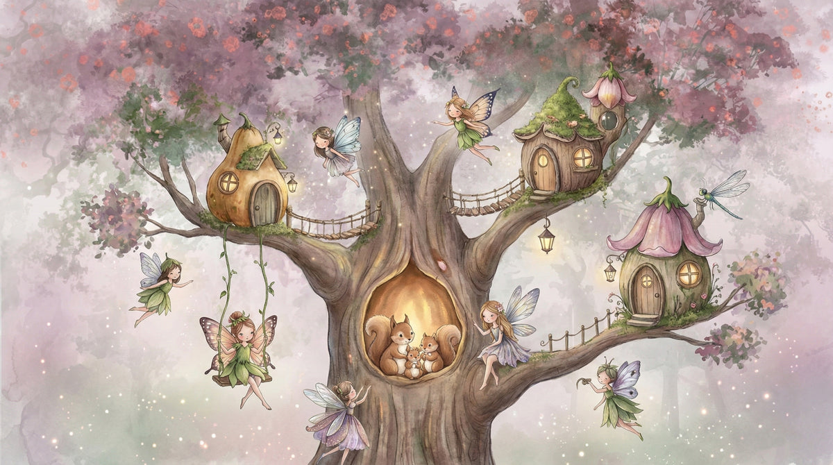 Enchanted Fairy Tree House Watercolor Mural Wallpaper | Whimsical Magical Forest Nursery