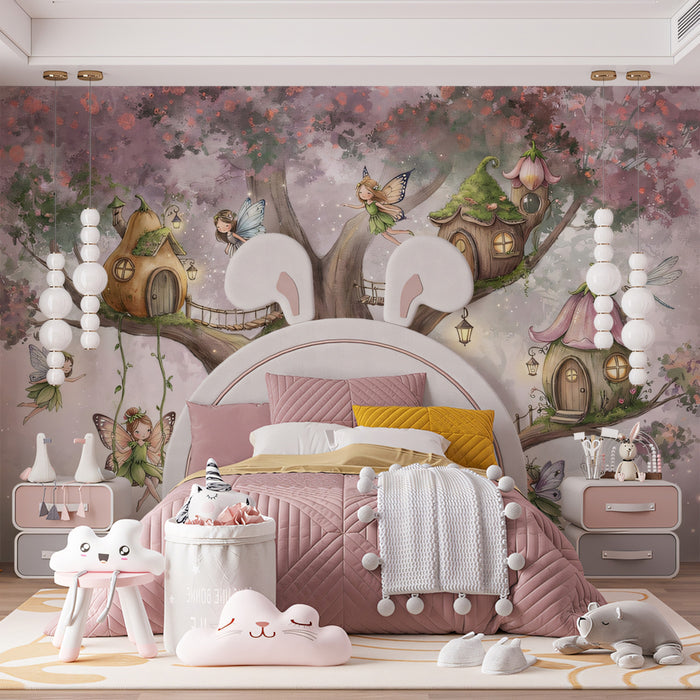 Enchanted Fairy Tree House Watercolor Mural Wallpaper | Whimsical Magical Forest Nursery