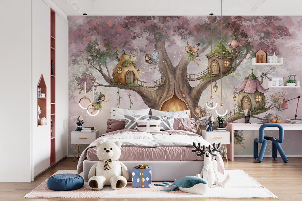 Enchanted Fairy Tree House Watercolor Mural Wallpaper | Whimsical Magical Forest Nursery